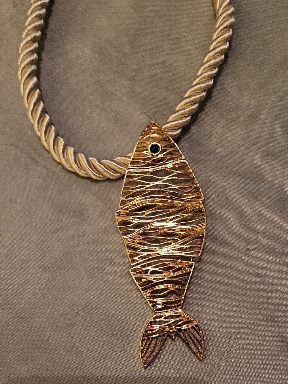 Piper K Gold Twisted Cream Rope Necklace with Fish Pendant Charm Ta